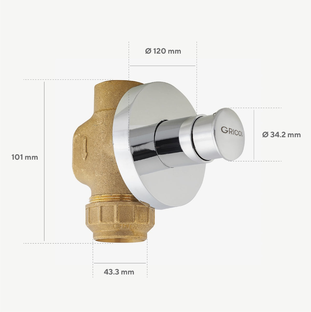 Plano técnico de la válvula sanitario push Gricol ref. IS-PU05-11: escudo cromado de 12 cm, botón temporizador de 3,4 cm y cuerpo en latón de 10 cm