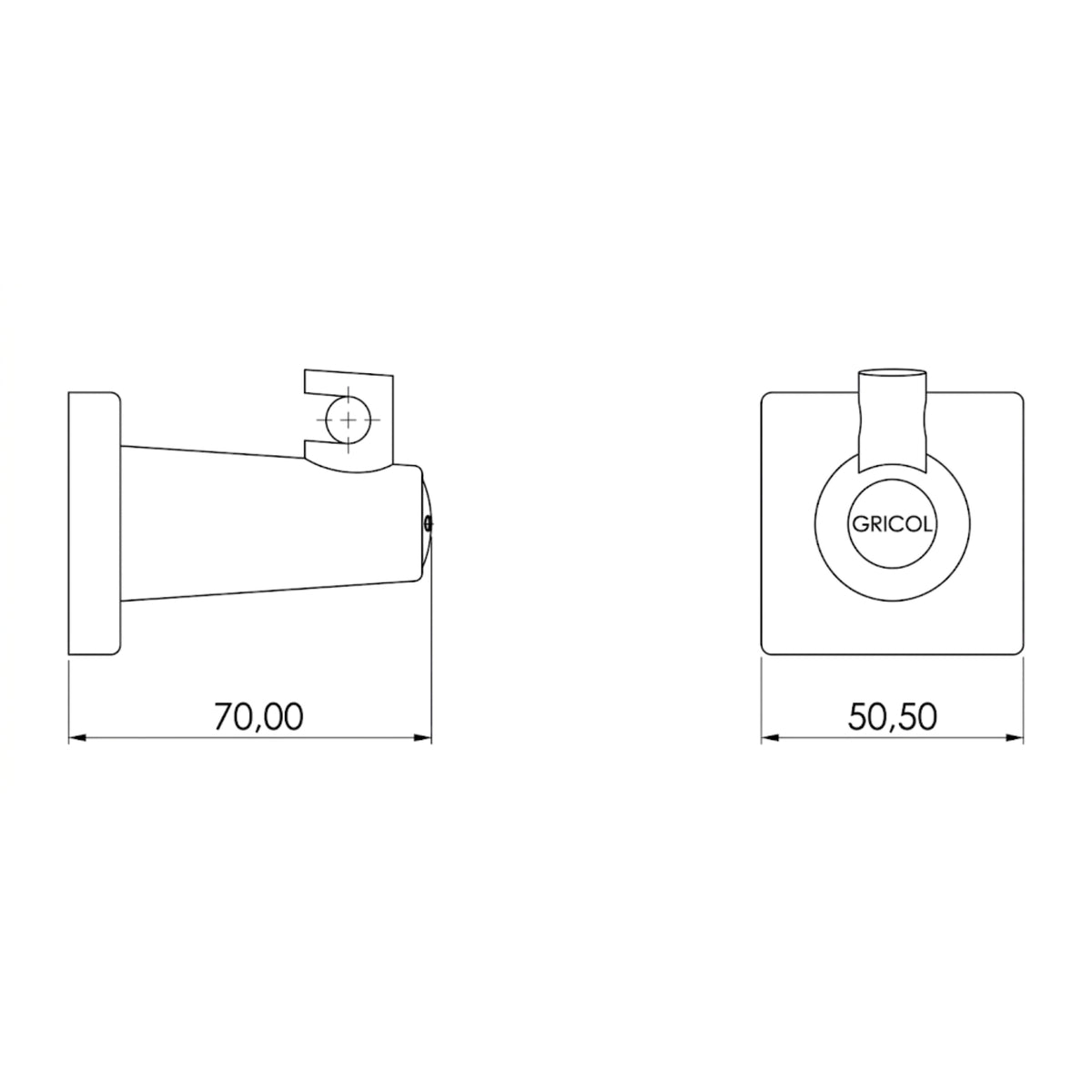 Plano técnico del gancho génesis GRICOL con medidas de 7 cm de largo y escudo de 5 cm de ancho.