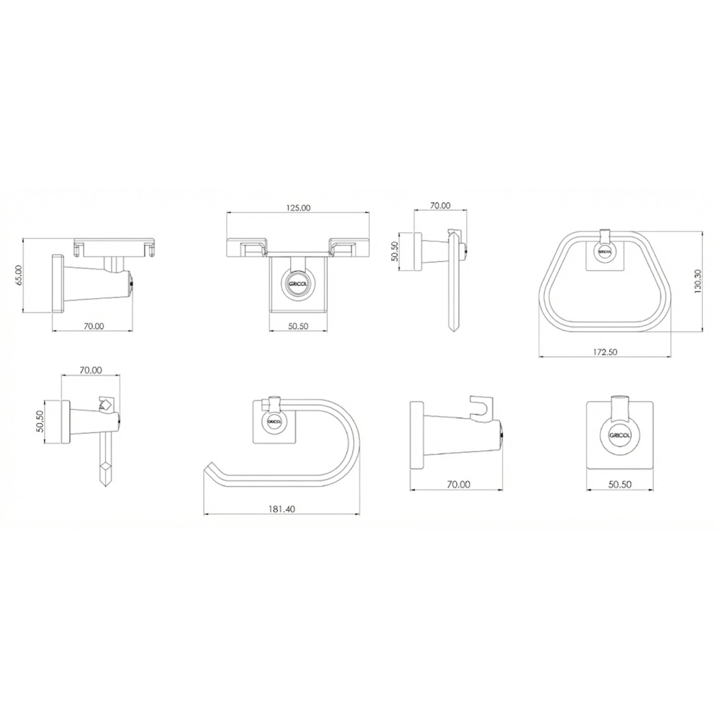 Plano técnico con medidas del kit de 4 accesorios génesis para baño GRICOL: toallero aro, portarollo, jabonera y gancho perchero.