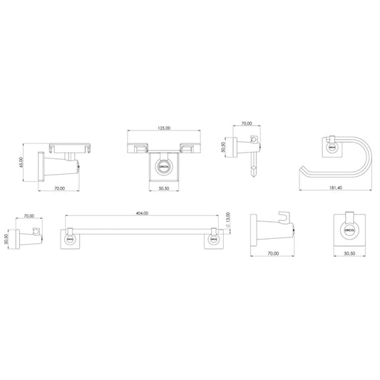 Plano técnico con medidas del kit de 4 accesorios génesis para baño GRICOL: toallero de barra, portarollo, jabonera y gancho perchero.