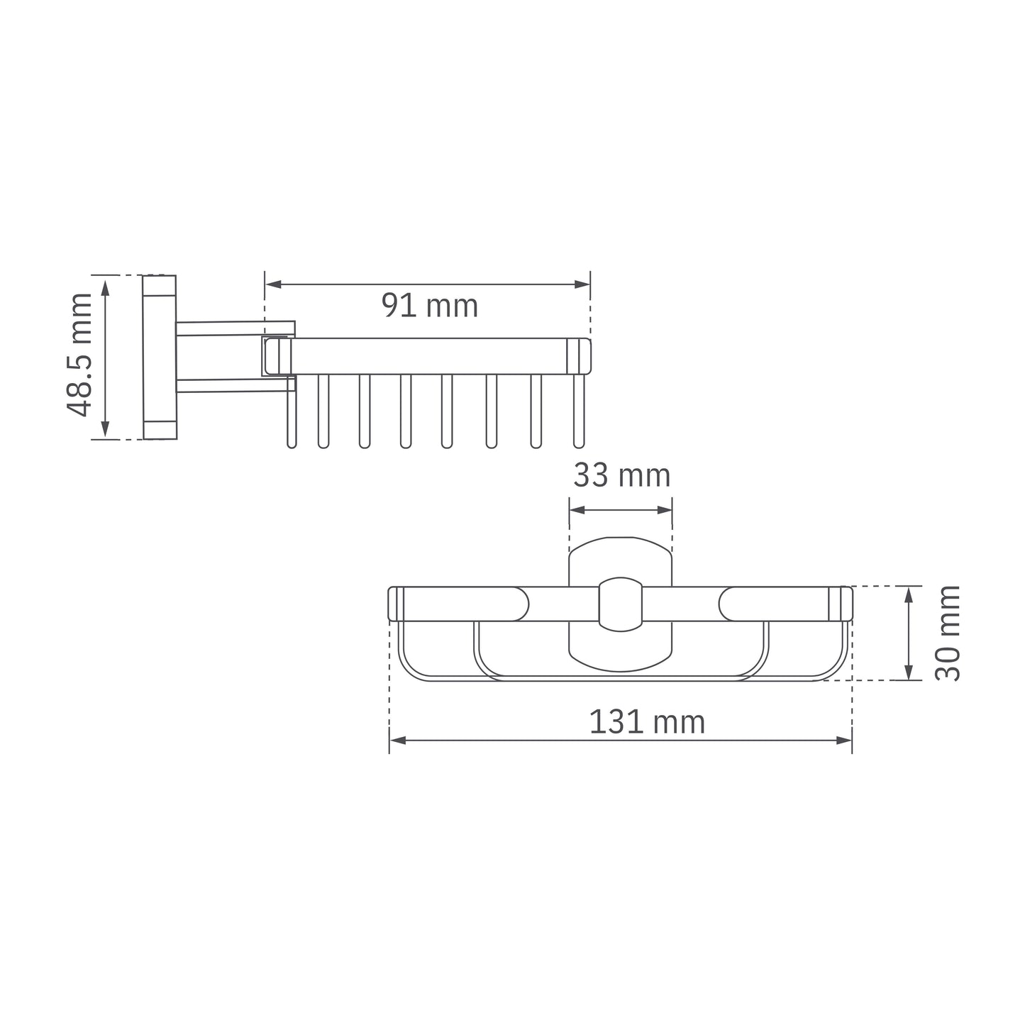 Plano técnico de jabonera rejilla metálica Portobello Gricol, dimensiones de rejilla 13.1 cm de largo y 9.1 cm de ancho.