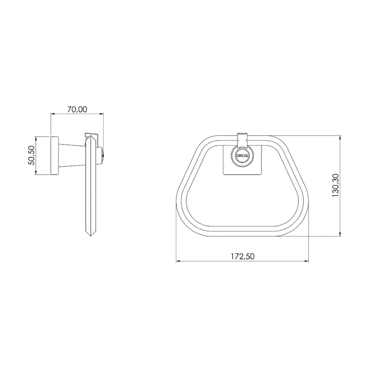 Plano técnico del toallero de aro génesis Gricol con dimensiones de 17.25 cm de ancho y 13.3 cm de alto.