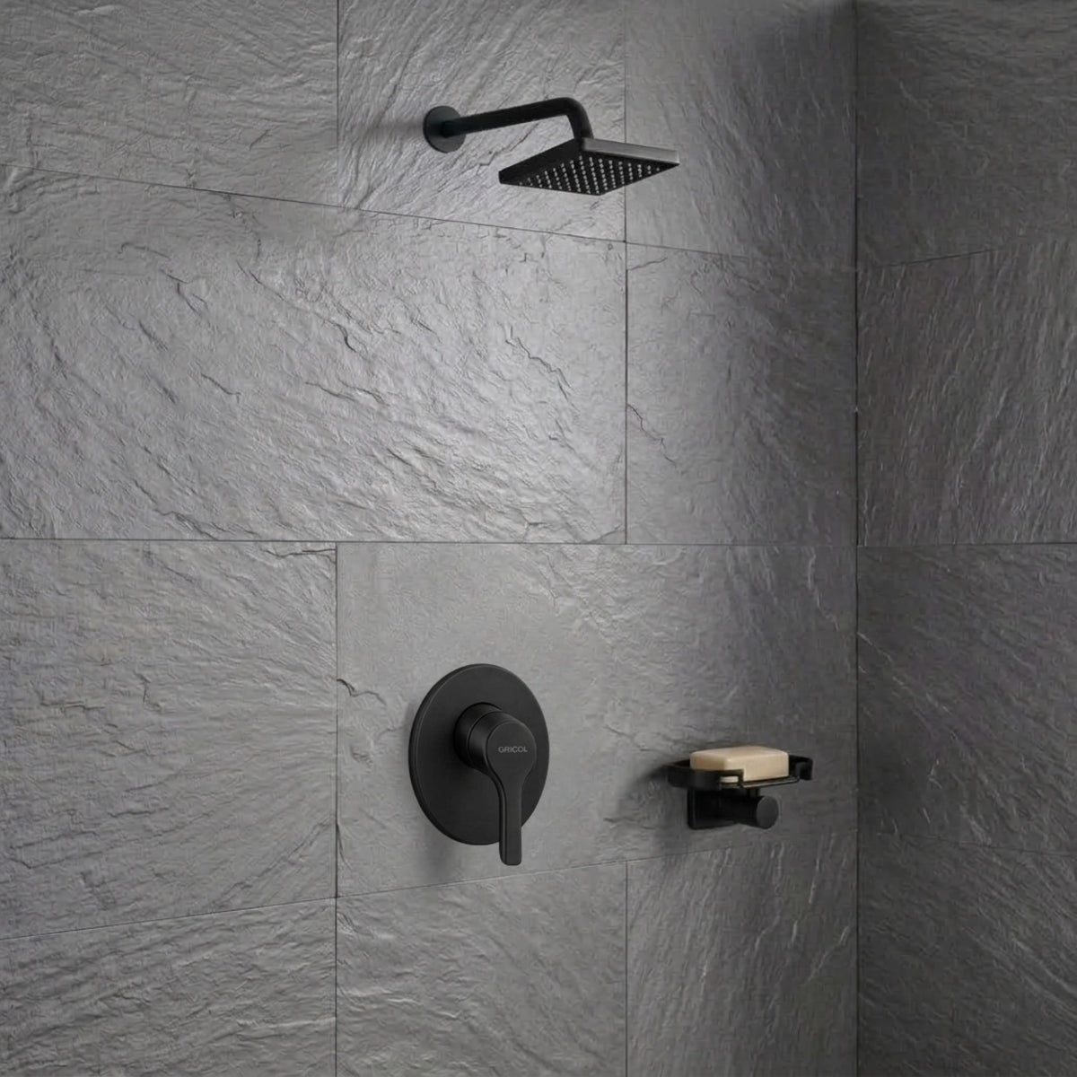 Conjunto Ducha Monomando Dante con regadera Vico bajo consumo en acabado negro mate ref. 01-4302-07BC con escudo ovalado