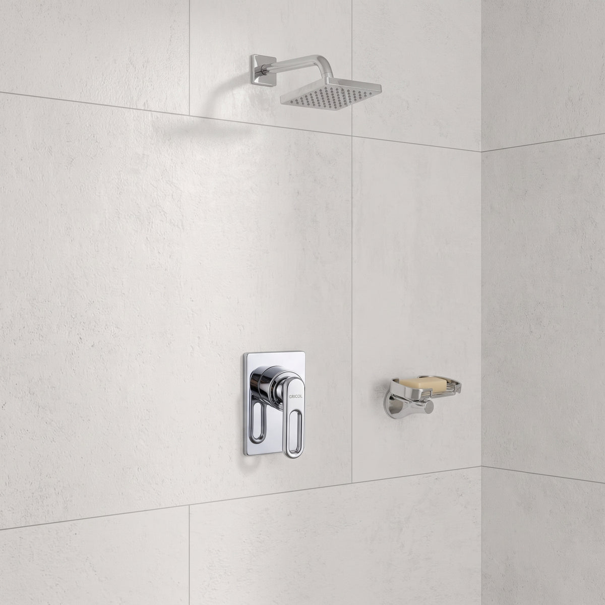 Conjunto Ducha Monomando Londra con regadera Vico bajo consumo en acabado cromado  ref. 01-4205-11BC con escudo cuadrado en ambiente de ducha 