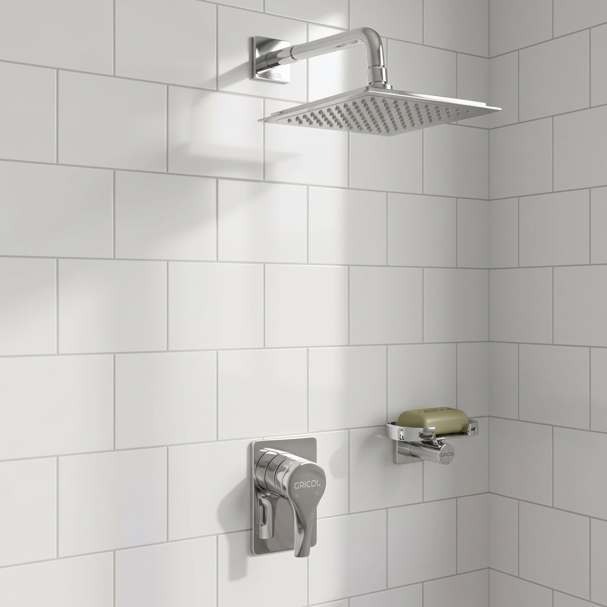 Conjunto Ducha Monomando Sion con regadera Iseo cuadrada bajo consumo en acabado cromado  ref. 01-2604-11BC con escudo cuadrado en ambiente de ducha con azulejo blanco
