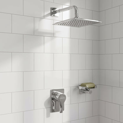 Conjunto Ducha Monomando Sion con regadera Iseo cuadrada bajo consumo en acabado cromado  ref. 01-2604-11BC con escudo cuadrado en ambiente de ducha con azulejo blanco