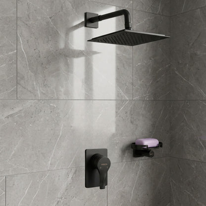 Conjunto Ducha Monomando Sion con regadera Iseo cuadrada bajo consumo en acabado negro mate ref. 01-2604-07BC con escudo cuadrado en ambiente de ducha con azulejo gris brillante
