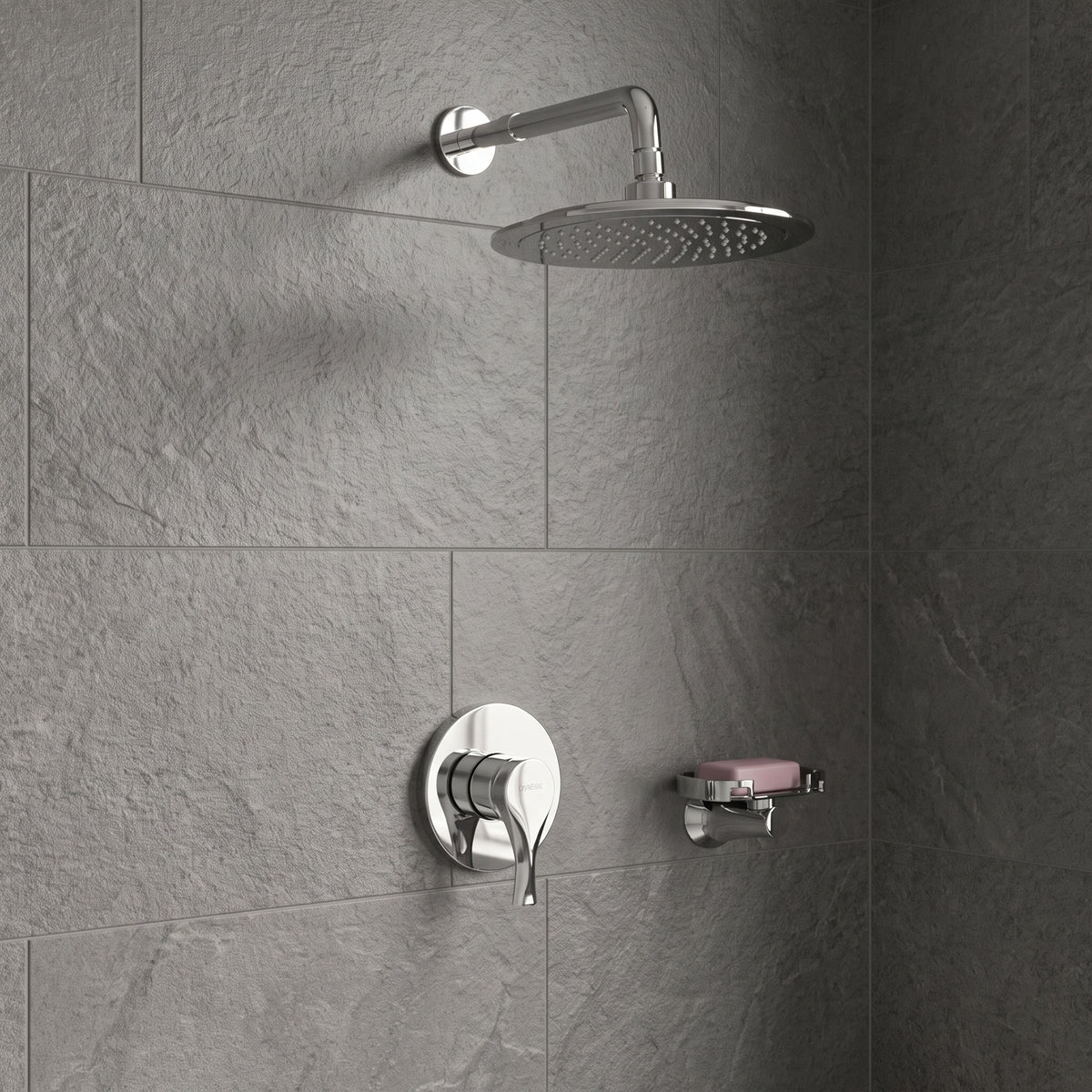 Conjunto Ducha Monomando Sion con regadera Iseo redonda bajo consumo en acabado cromado  ref. 01-2601-211BC con escudo redondo en ambiente de ducha con azulejo gris oscuro