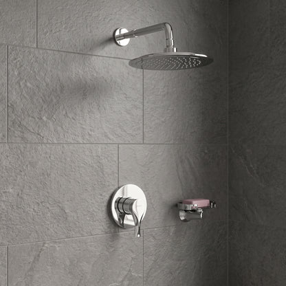 Conjunto Ducha Monomando Sion con regadera Iseo redonda bajo consumo en acabado cromado  ref. 01-2601-211BC con escudo redondo en ambiente de ducha con azulejo gris oscuro
