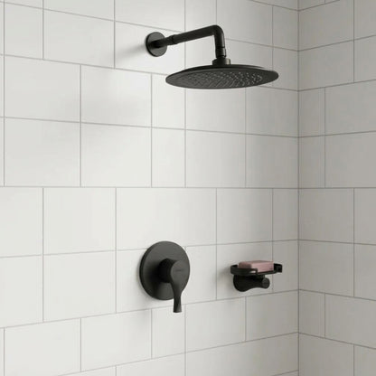 Conjunto Ducha Monomando Sion con regadera Iseo redonda bajo consumo en acabado negro mate ref. 01-2601-207BC con escudo redondo en ambiente de ducha con azulejo blanco