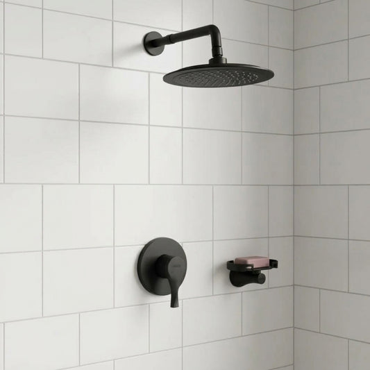 Conjunto Ducha Monomando Sion con regadera Iseo redonda bajo consumo en acabado negro mate ref. 01-2601-207BC con escudo redondo en ambiente de ducha con azulejo blanco