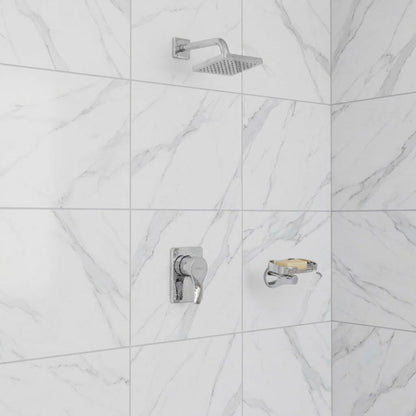 Conjunto Ducha Monomando Sion con regadera Vico bajo consumo en acabado cromado ref. 01-2605-11BC con escudo cuadrado en ambiente de ducha con azulejo claro