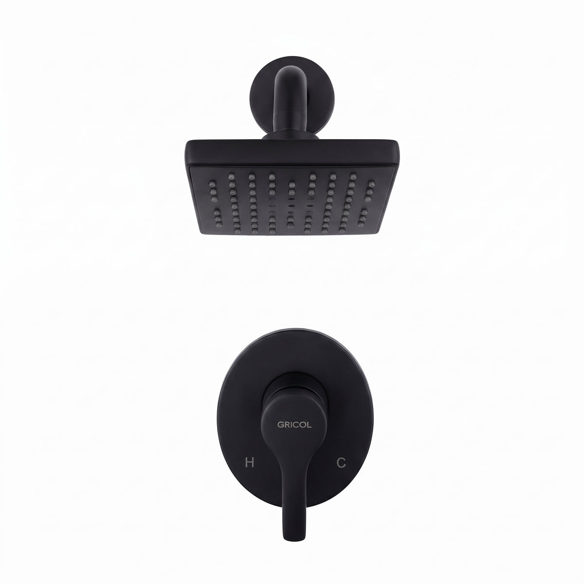 Vista frontal del conjunto ducha monomando Dante con regadera Vico bajo consumo de escudo ovalado en negro mate con logo Gricol