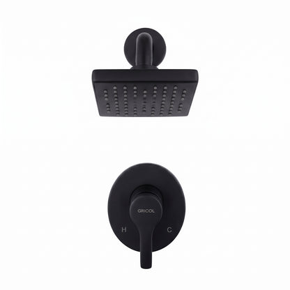 Vista frontal del conjunto ducha monomando Dante con regadera Vico bajo consumo de escudo ovalado en negro mate con logo Gricol
