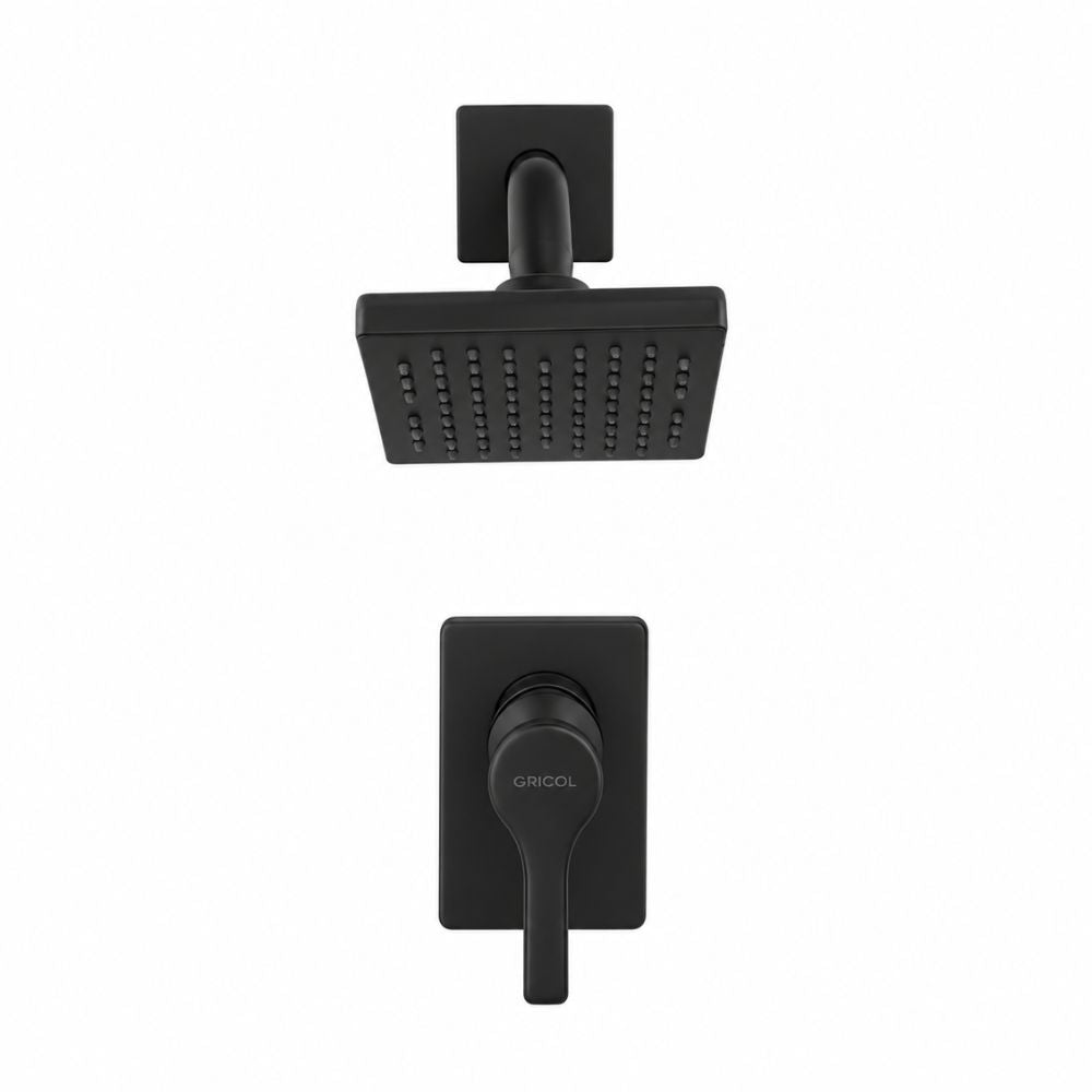 Vista frontal del conjunto ducha monomando Dante con regadera Vico bajo consumo de escudo cuadrado en negro mate con logo Gricol