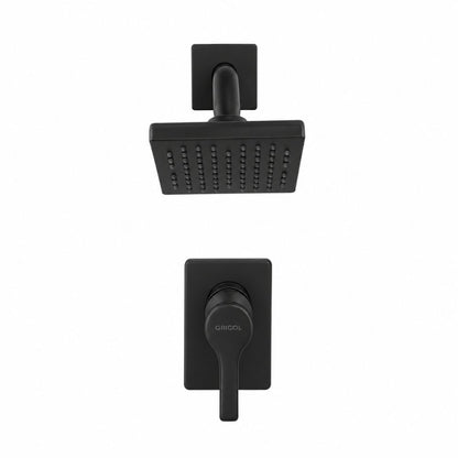 Vista frontal del conjunto ducha monomando Dante con regadera Vico bajo consumo de escudo cuadrado en negro mate con logo Gricol