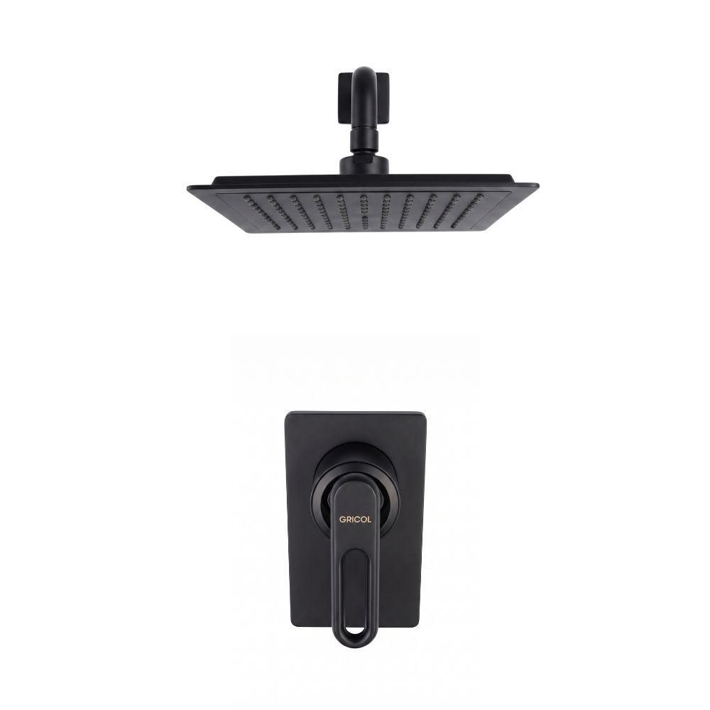 Vista frontal del conjunto ducha monomando Londra con regadera Iseo cuadrada bajo consumo de escudo cuadrado en negro mate con logo Gricol