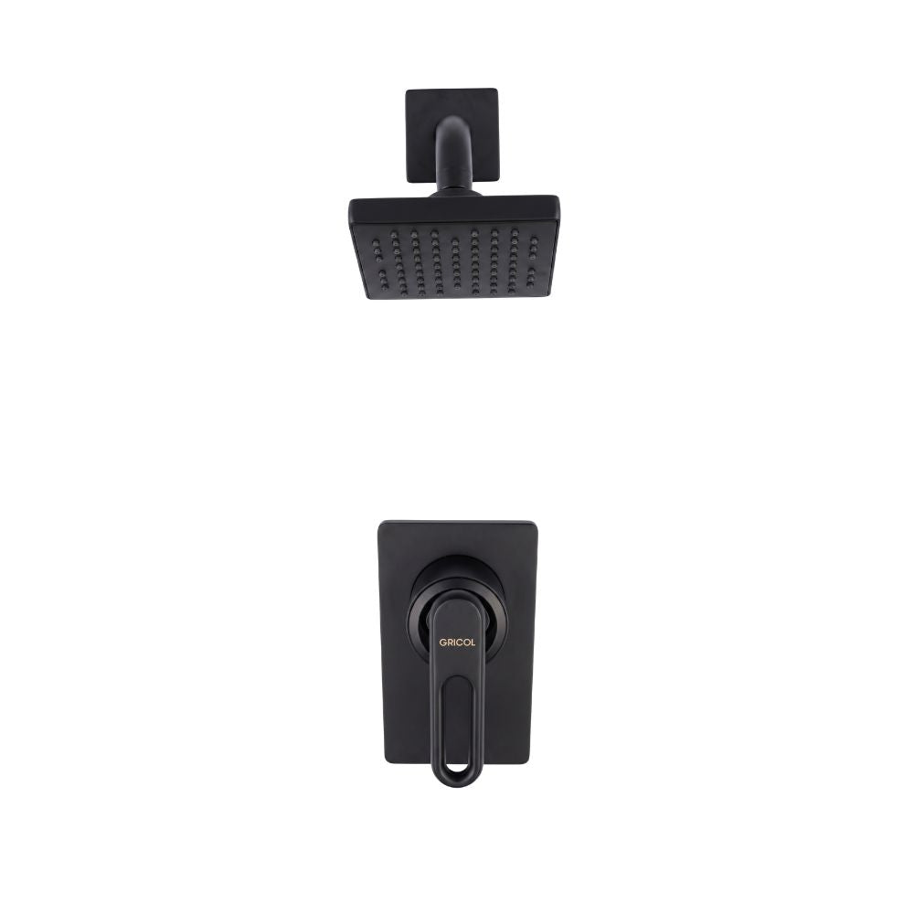 Vista frontal del conjunto ducha monomando Londra con regadera Vico bajo consumo de escudo cuadrado en negro mate con logo Gricol