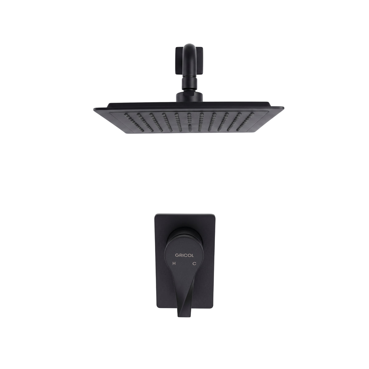 Vista frontal del conjunto ducha monomando Sion con regadera Iseo cuadrada bajo consumo de escudo cuadrado en negro mate con logo Gricol