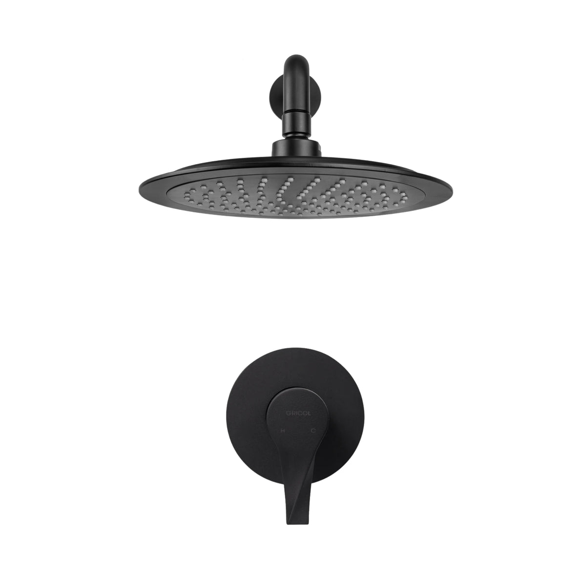 Vista frontal del conjunto ducha monomando Sion con regadera Iseo redonda bajo consumo de escudo redondo en negro mate con logo Gricol