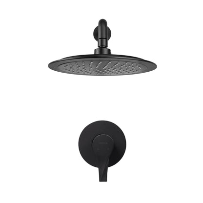 Vista frontal del conjunto ducha monomando Sion con regadera Iseo redonda bajo consumo de escudo redondo en negro mate con logo Gricol