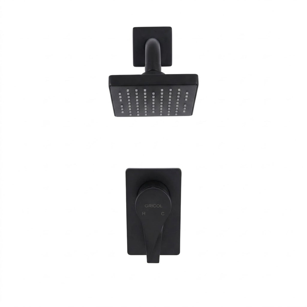 Vista frontal del conjunto ducha monomando Sion con regadera Vico bajo consumo de escudo cuadrado  en negro mate con logo Gricol