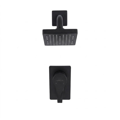Vista frontal del conjunto ducha monomando Sion con regadera Vico bajo consumo de escudo cuadrado  en negro mate con logo Gricol