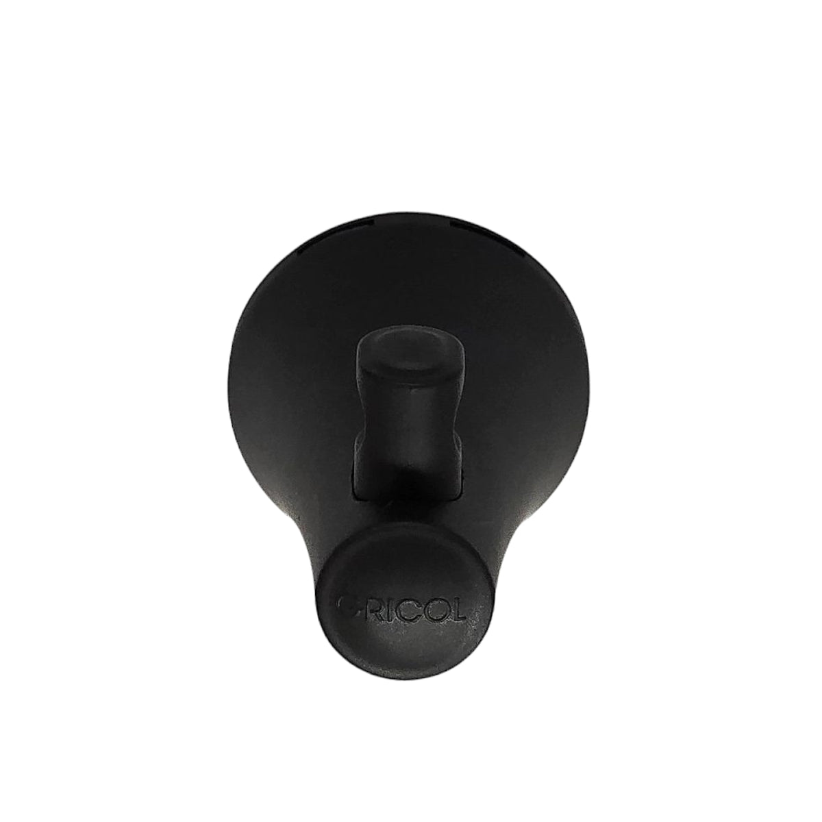 Vista frontal del gancho perchero para baño Contempra negro mate con logo Gricol