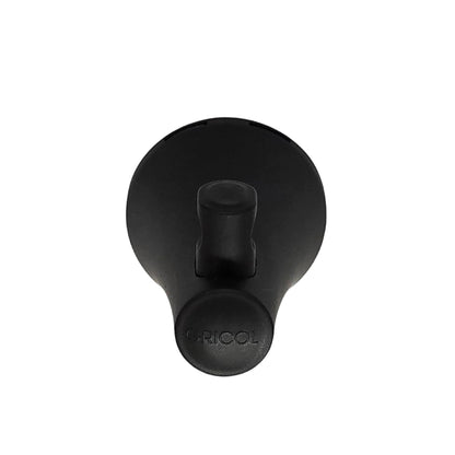 Vista frontal del gancho perchero para baño Contempra negro mate con logo Gricol