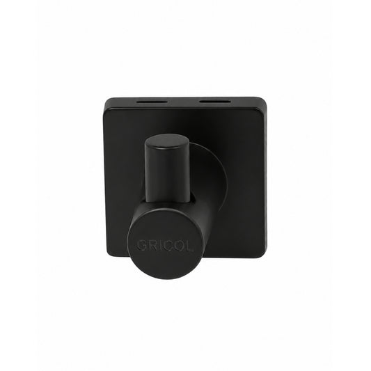 Vista frontal del gancho perchero para baño génesis negro mate con logo Gricol