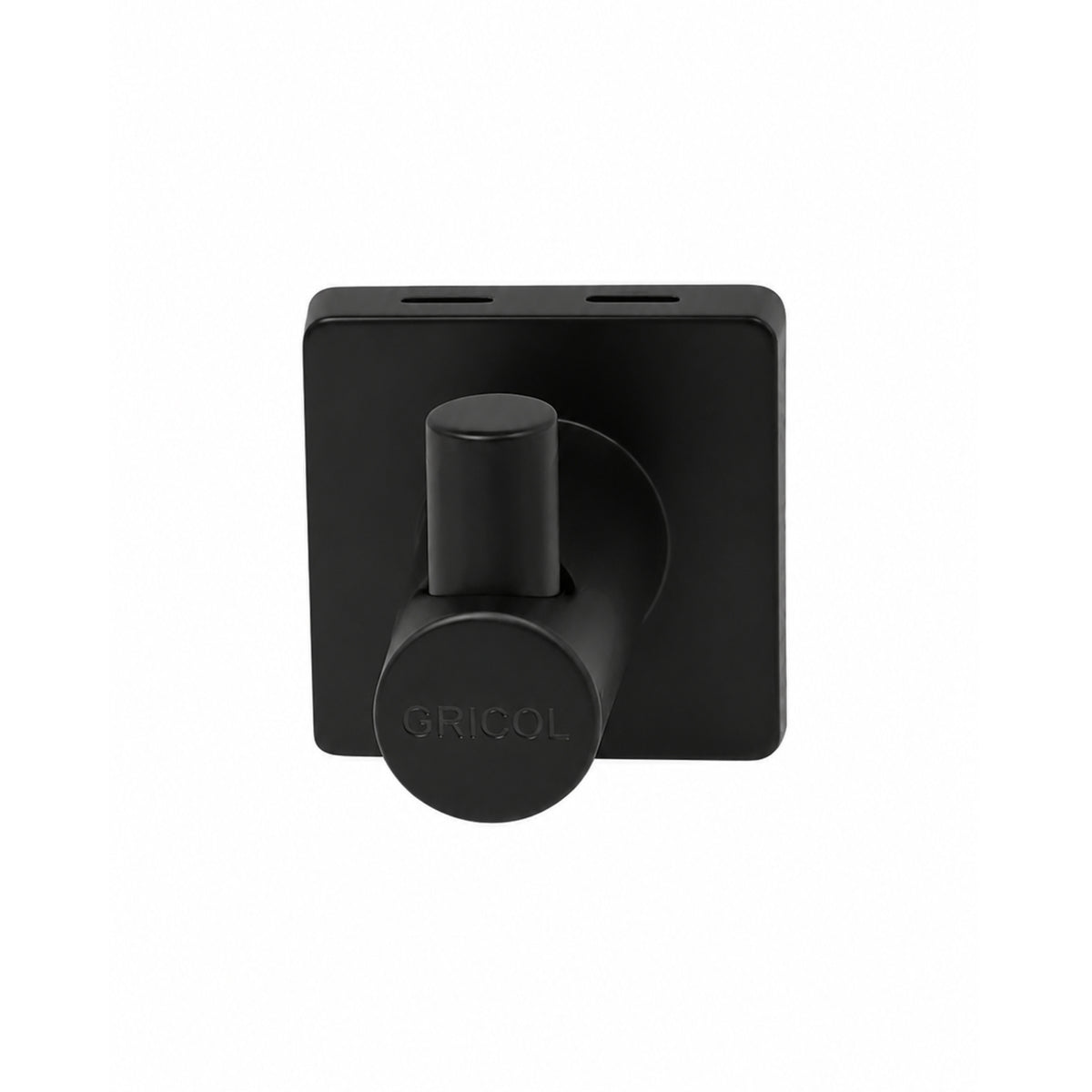 Vista frontal del gancho perchero para baño génesis negro mate con logo Gricol