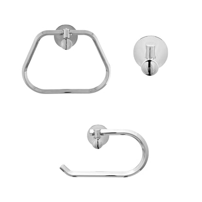 vista frontal kit de accesorios 3 piezas contempra incluye toallero aro, gancho y portarrollo para baño cromado con logo GRICOL.