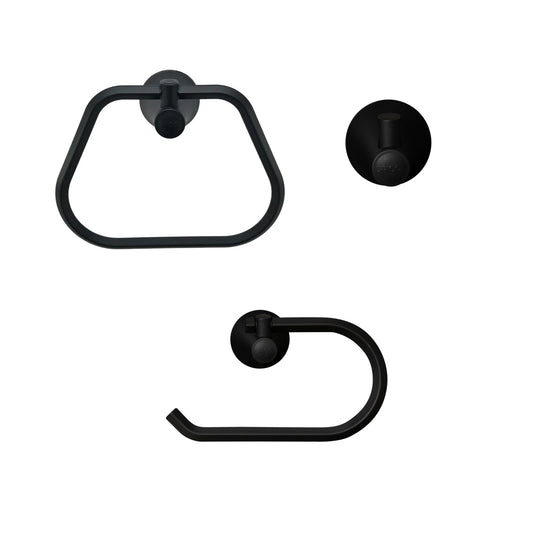 vista frontal kit de accesorios Contempra para baño 3 piezas incluye toallero aro, gancho y portarrollo para baño negro mate con logo GRICOL.