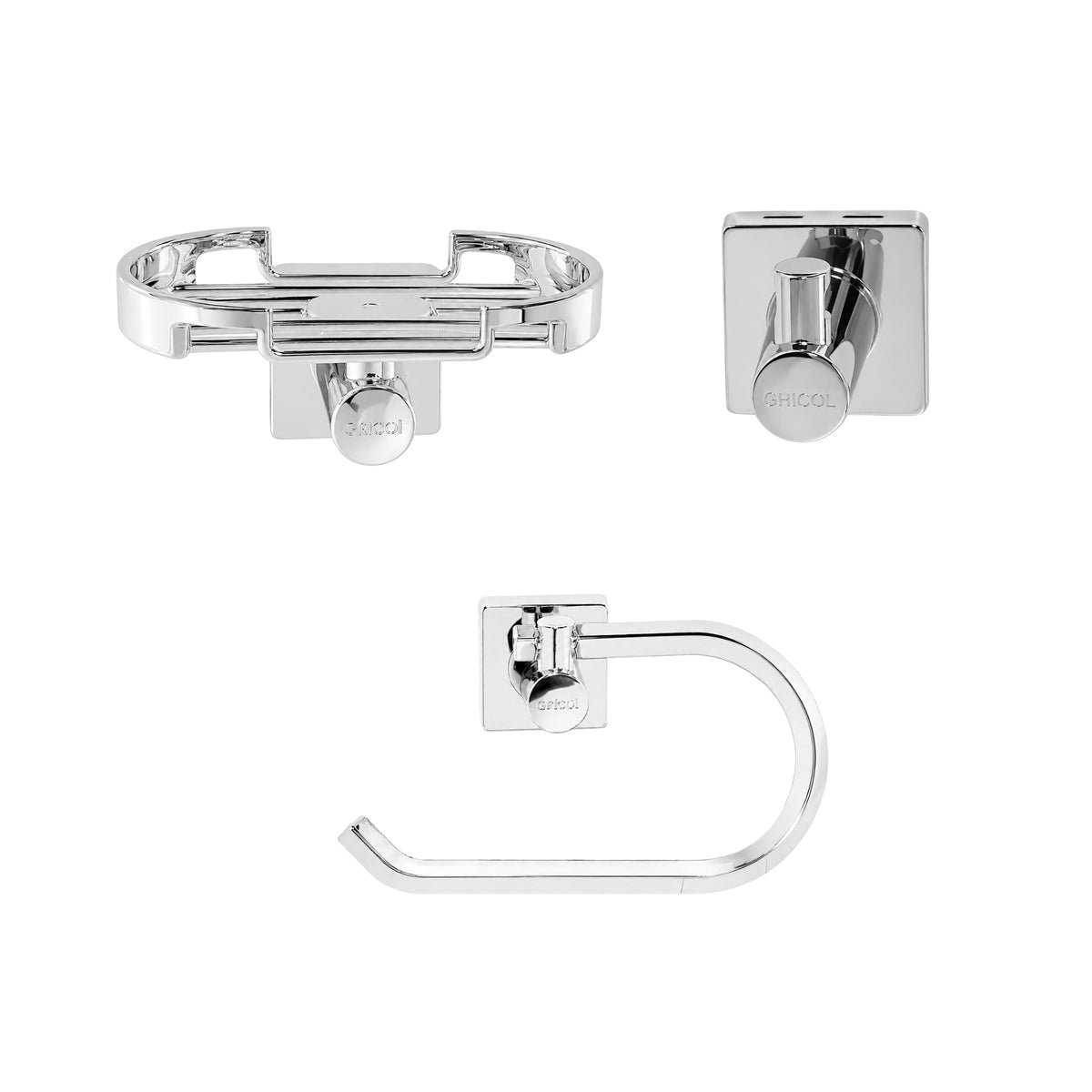 vista frontal kit de accesorios génesis para baño 3 piezas incluye jabonera, gancho y portarrollo cromado con logo GRICOL.