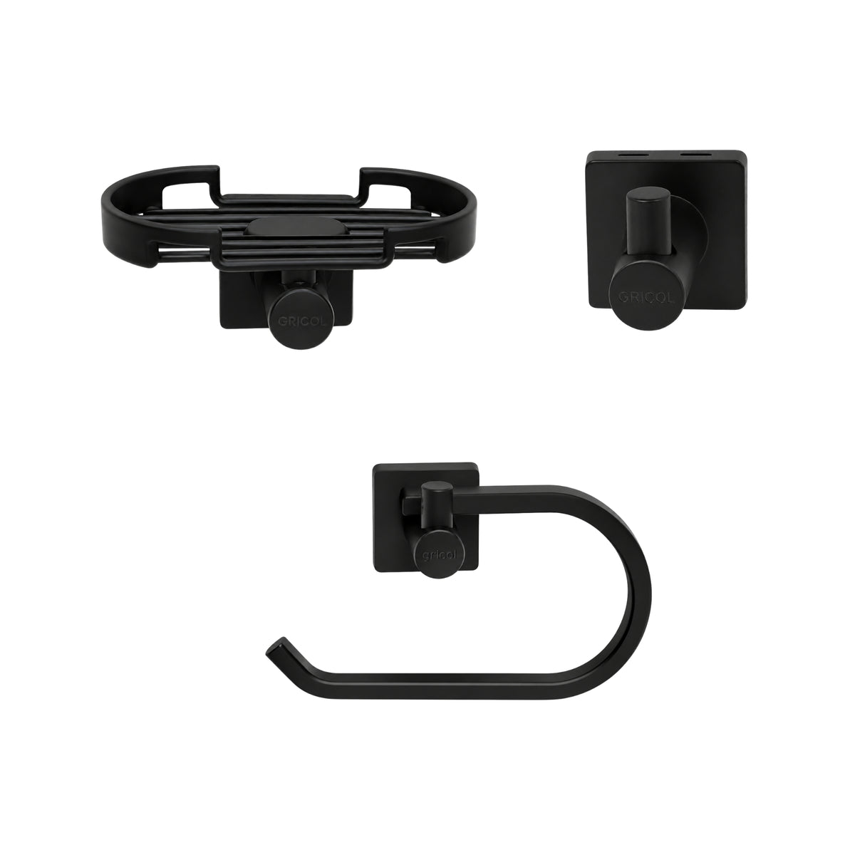 vista frontal kit de accesorios génesis para baño 3 piezas incluye jabonera, gancho y portarrollo negro mate con logo GRICOL.