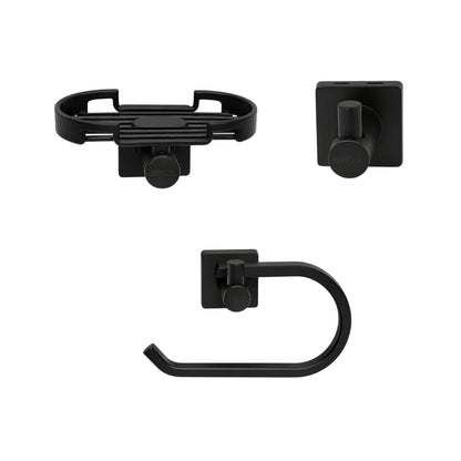 vista frontal kit de accesorios génesis para baño 3 piezas incluye jabonera, gancho y portarrollo negro mate con logo GRICOL.