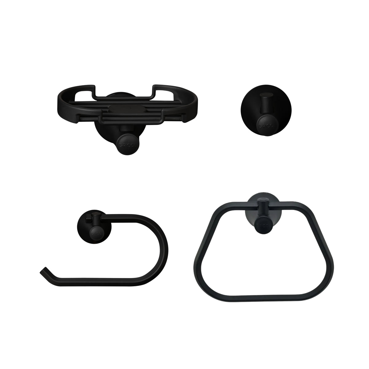 vista frontal kit de accesorios Contempra 4 piezas para baño incluye jabonera, gancho, portarrollo y toallero aro negro mate con logo GRICOL.