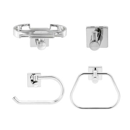 vista frontal kit de accesorios génesis 4 piezas para baño incluye jabonera, gancho, portarrollo y toallero aro cromado con logo GRICOL.