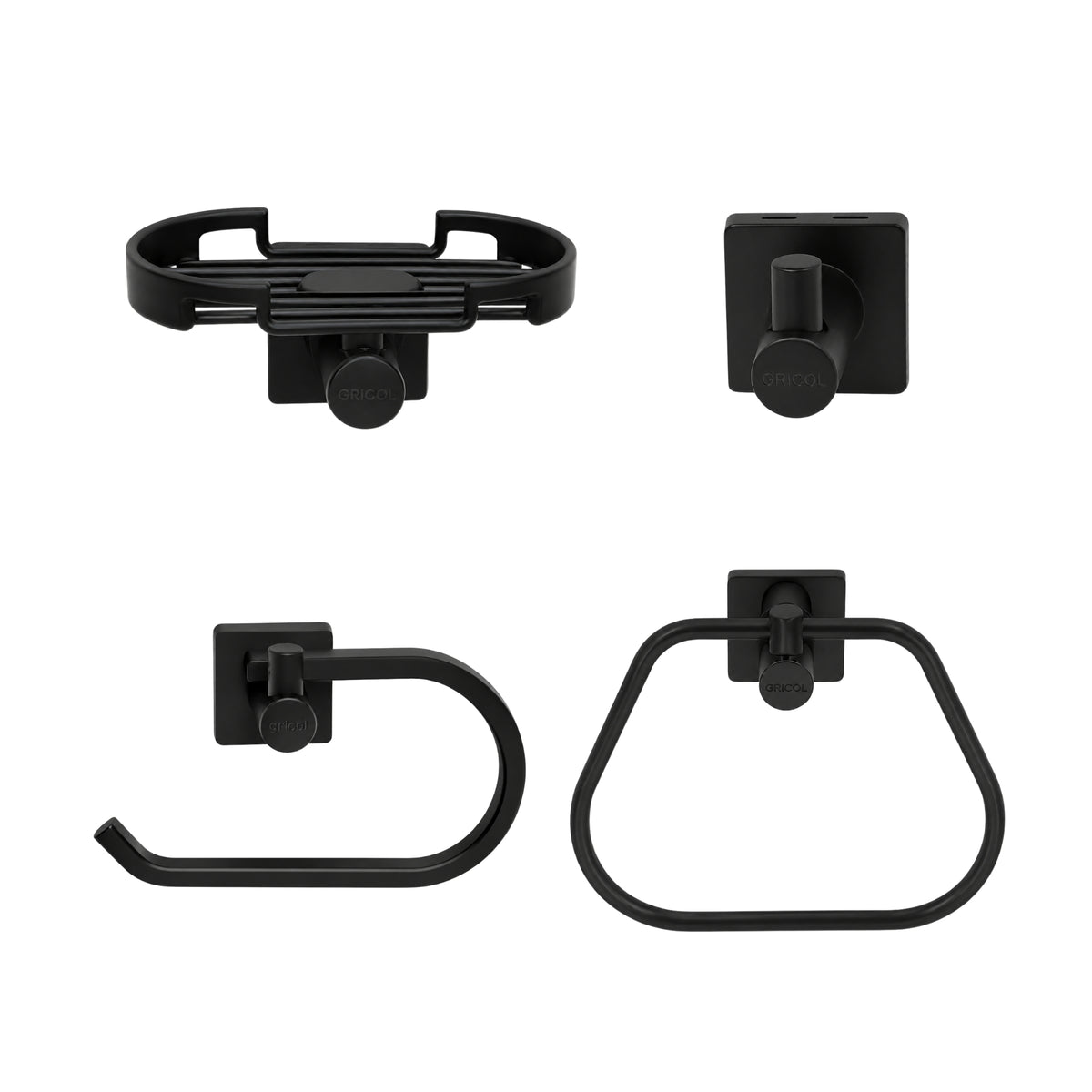 vista frontal kit de accesorios génesis 4 piezas para baño incluye jabonera, gancho, portarrollo y toallero aro negro mate con logo GRICOL.