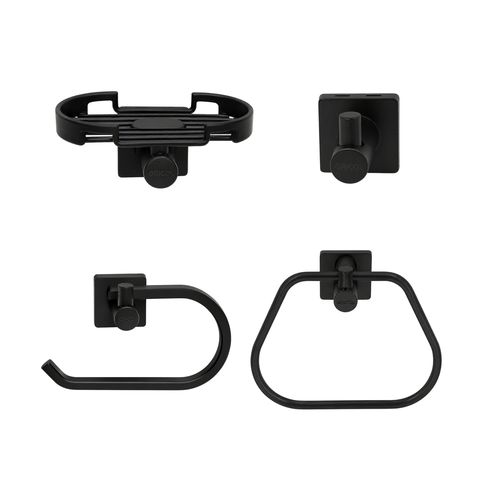 vista frontal kit de accesorios génesis 4 piezas para baño incluye jabonera, gancho, portarrollo y toallero aro negro mate con logo GRICOL.