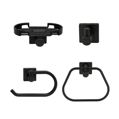 vista frontal kit de accesorios génesis 4 piezas para baño incluye jabonera, gancho, portarrollo y toallero aro negro mate con logo GRICOL.