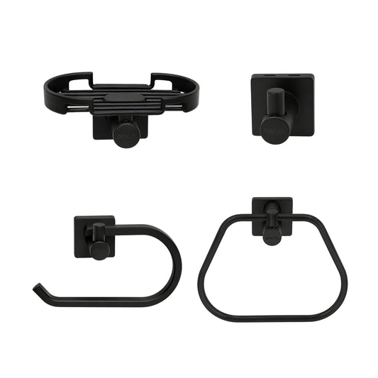 vista frontal kit de accesorios génesis 4 piezas para baño incluye jabonera, gancho, portarrollo y toallero aro negro mate con logo GRICOL.