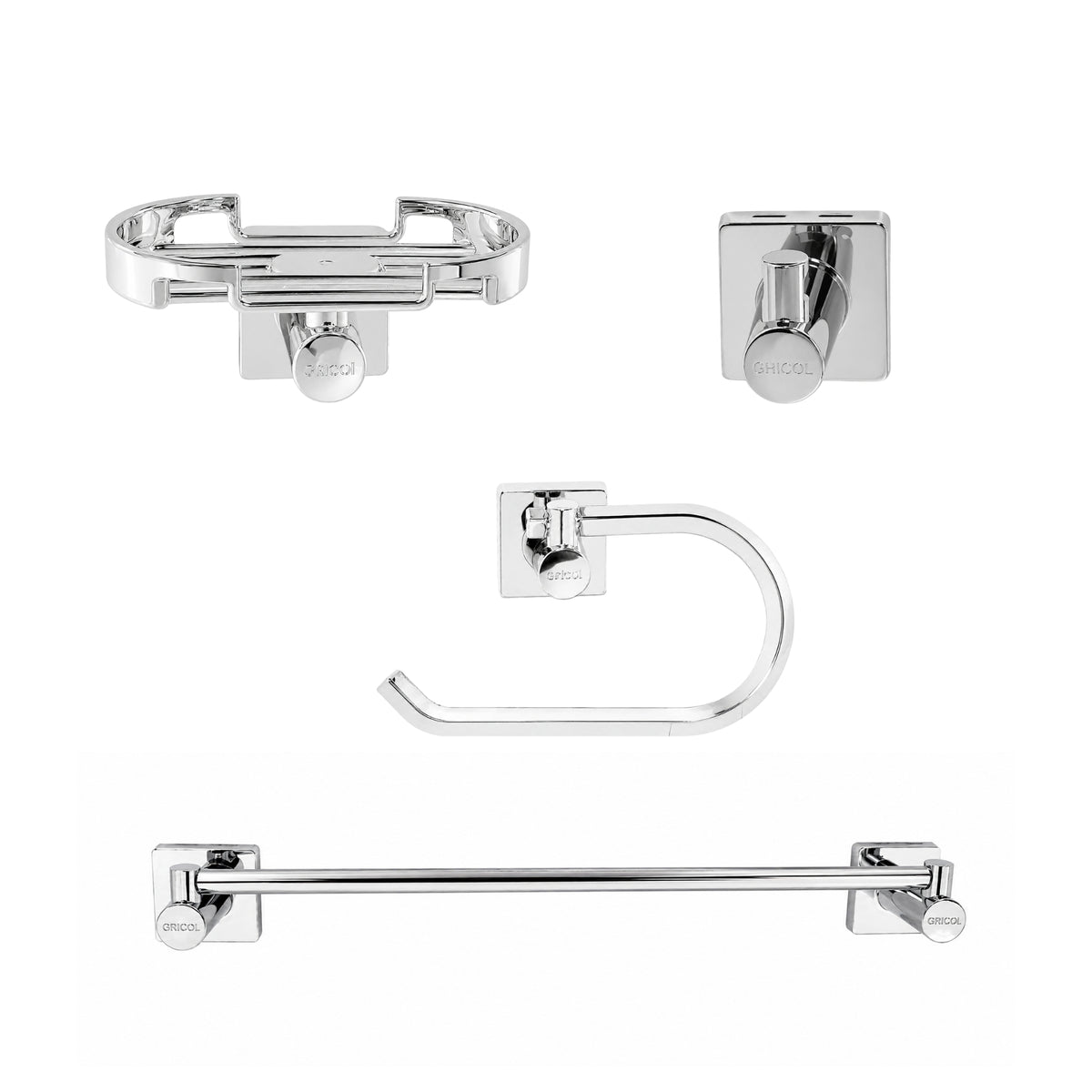 Vista frontal Kit de accesorios 4 piezas génesis incluye, jabonera, gancho, portarrollo y toallero barra para baño con acabado cromado y logo GRICOL