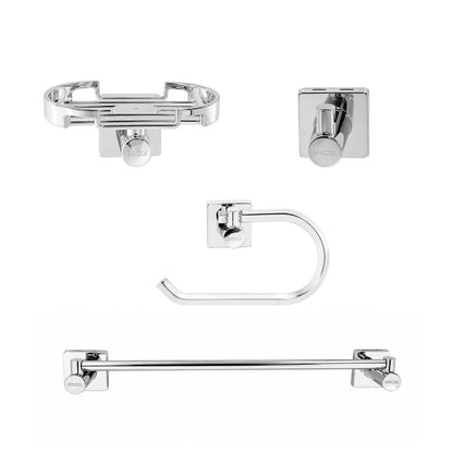 Vista frontal Kit de accesorios 4 piezas génesis incluye, jabonera, gancho, portarrollo y toallero barra para baño con acabado cromado y logo GRICOL