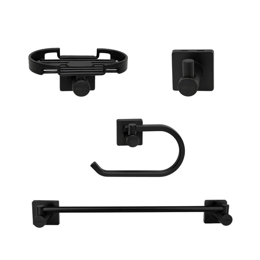 Vista frontal kit de accesorios 4 piezas génesis incluye jabonera, gancho, portarrollo y toallero barra para baño con acabado negro mate y logo GRICOL.