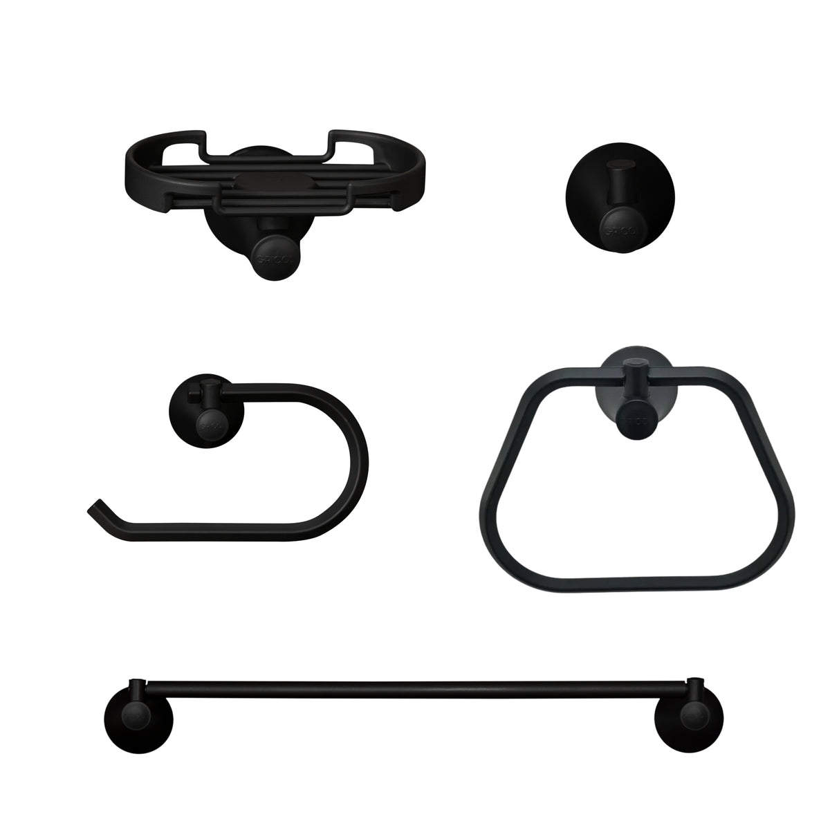 Kit de accesorios 5 piezas contempra, incluye jabonera, gancho, portarrollo, toallero barra y toallero aro  para baño negro mate, vista fontal.