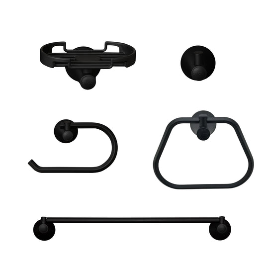 Kit de accesorios 5 piezas contempra, incluye jabonera, gancho, portarrollo, toallero barra y toallero aro  para baño negro mate, vista fontal.