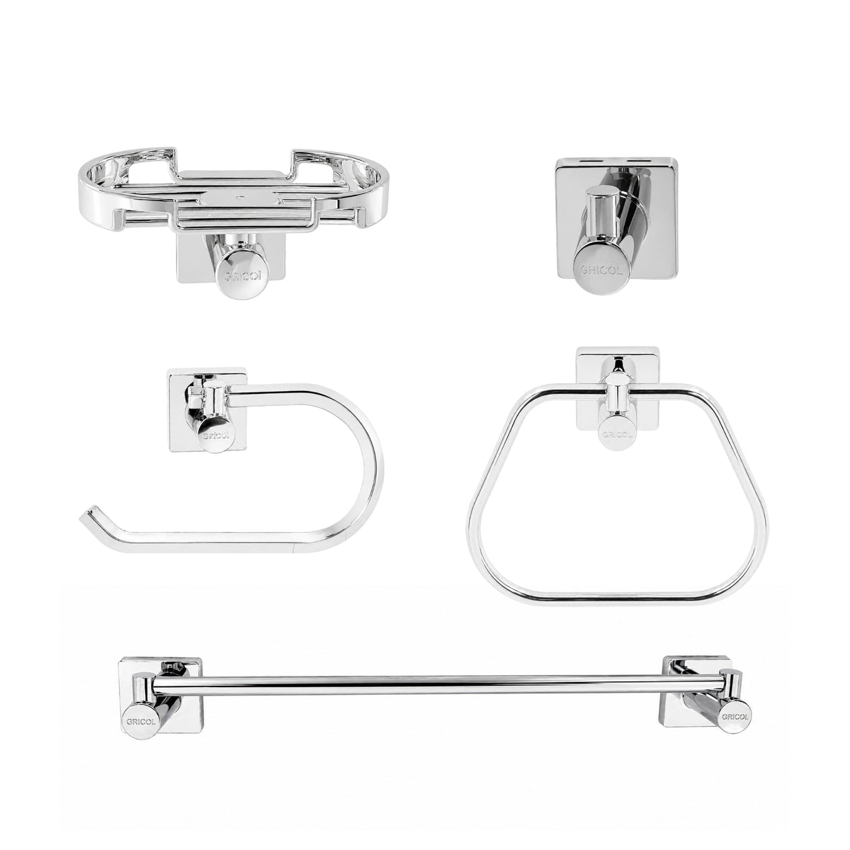 Kit de accesorios 5 piezas génesis, incluye jabonera, gancho, portarrollo, toallero barra y toallero aro  para baño cromado, vista frontal.