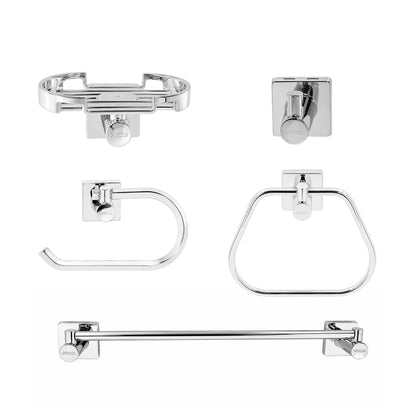Kit de accesorios 5 piezas génesis, incluye jabonera, gancho, portarrollo, toallero barra y toallero aro  para baño cromado, vista frontal.