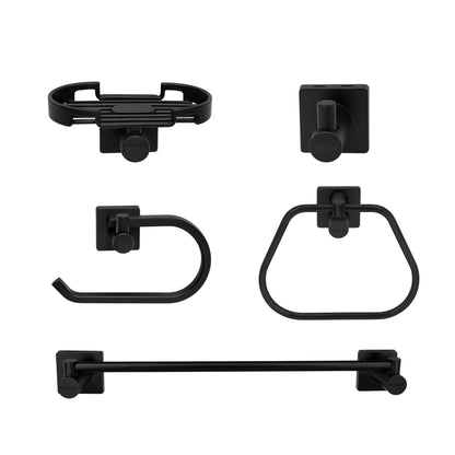Kit de accesorios 5 piezas génesis, incluye jabonera, gancho, portarrollo, toallero barra y toallero aro  para baño negro mate, vista fontal.
